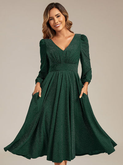 Knit Lantern Sleeve A-Line Wedding Guest Dress #color_Dark Green