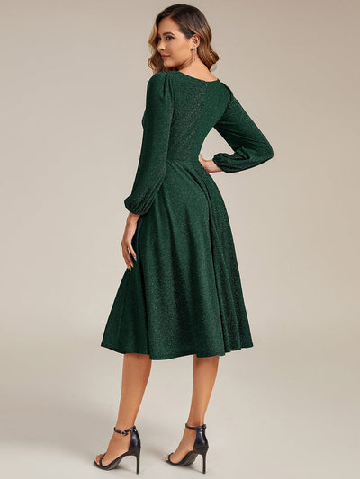 Knit Lantern Sleeve A-Line Wedding Guest Dress #color_Dark Green