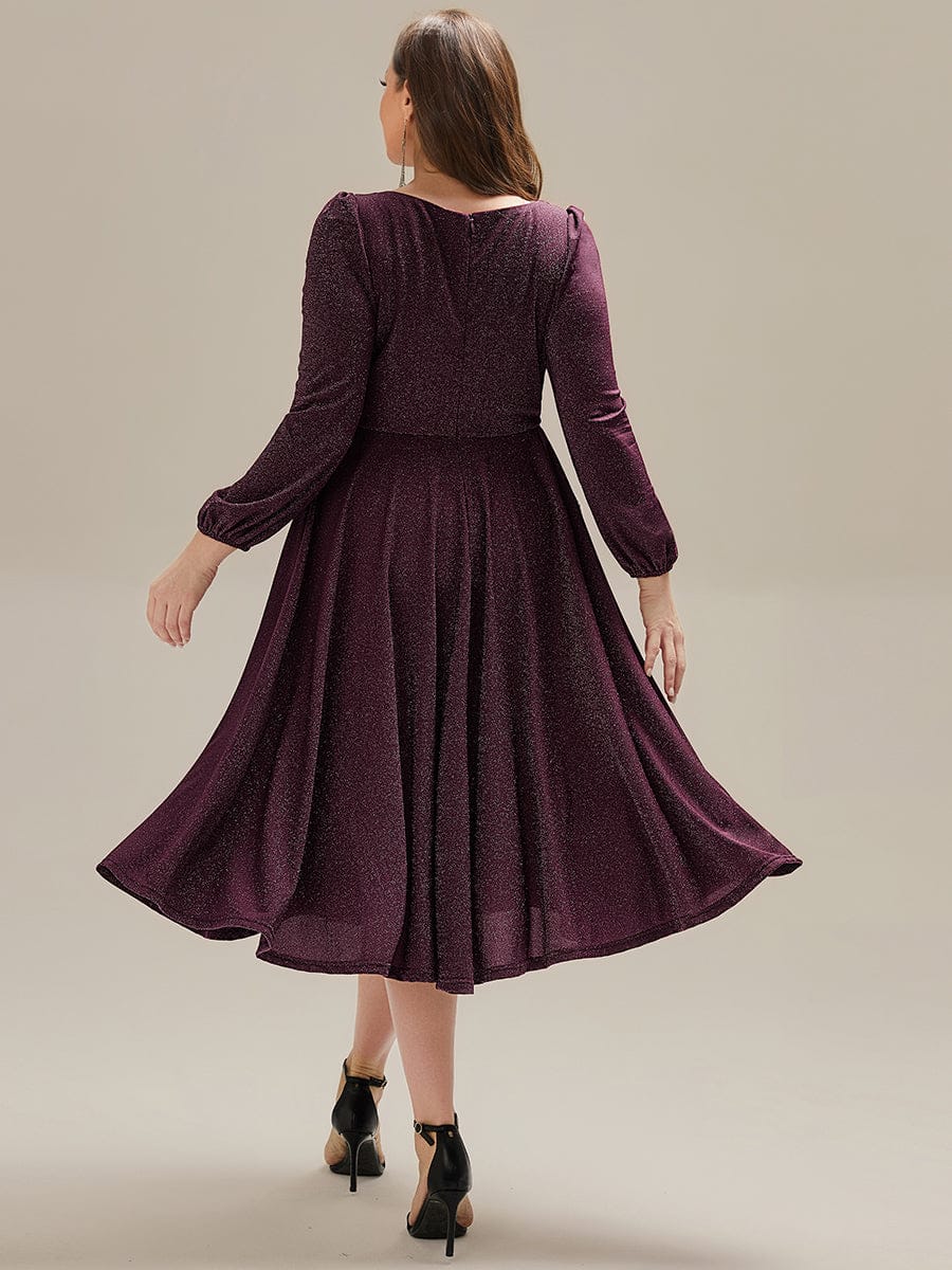 Knit Lantern Sleeve A-Line Wedding Guest Dress #color_Dark Purple