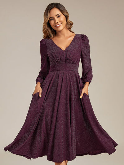 Knit Lantern Sleeve A-Line Wedding Guest Dress #color_Dark Purple