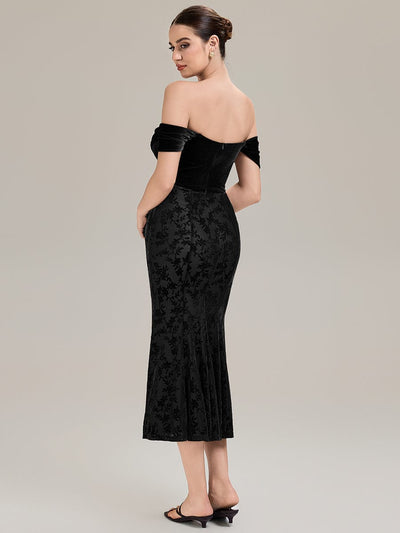 Cowl Neck Velvet Drop Shoulder Sleeve Wedding Guest Dress #color_Black