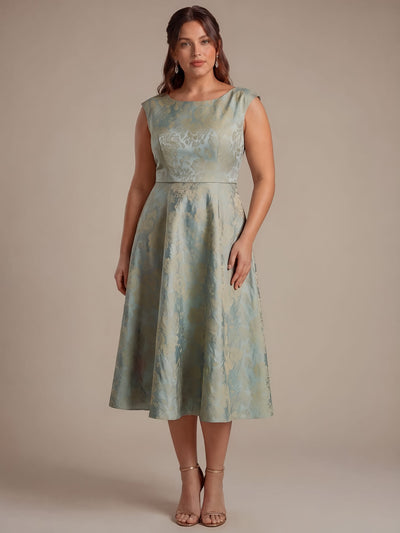 Printed Jacquard Cap Sleeve Dress #color_Sky Blue/Gold