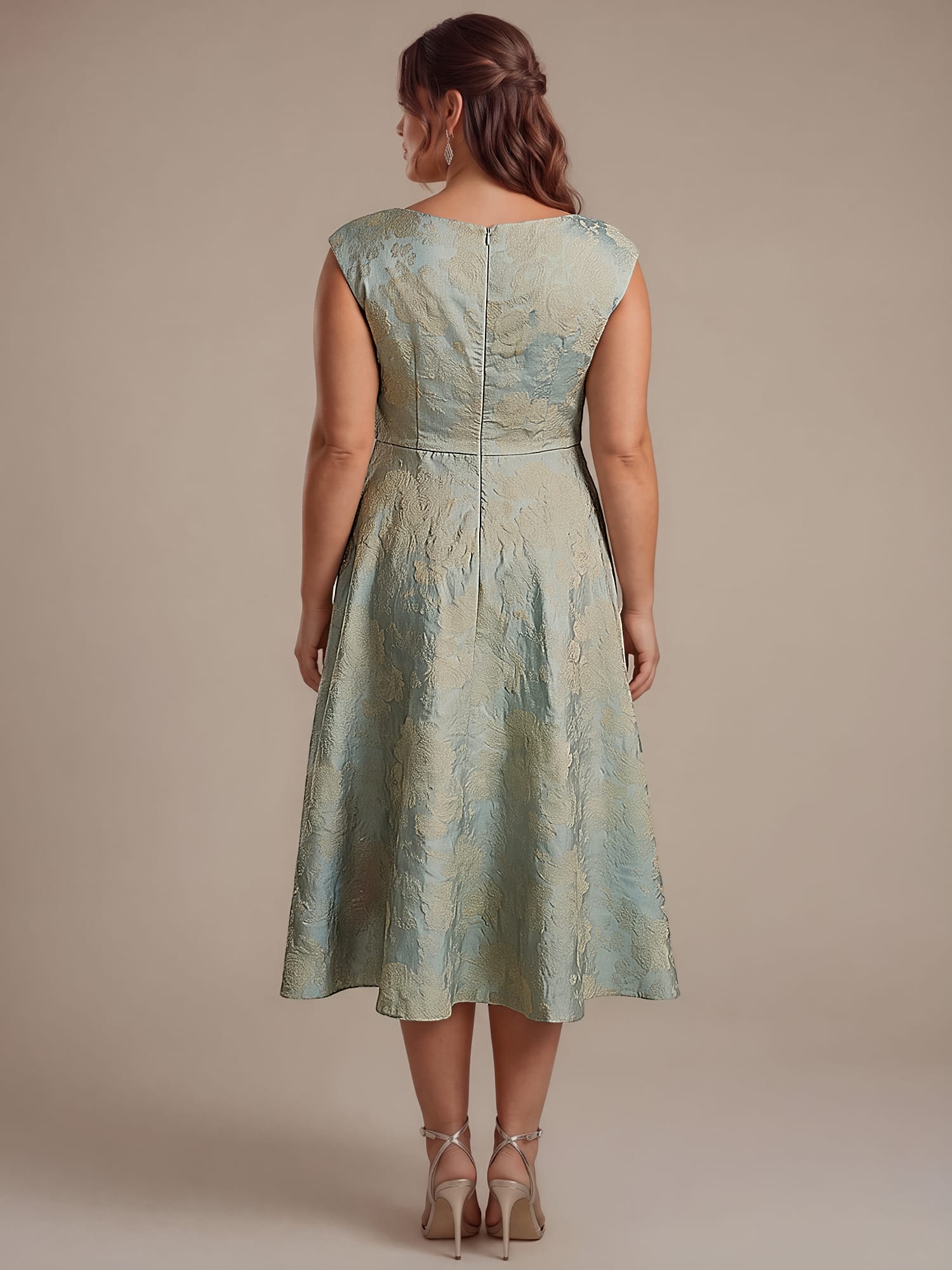 Printed Jacquard Cap Sleeve Dress #color_Sky Blue/Gold