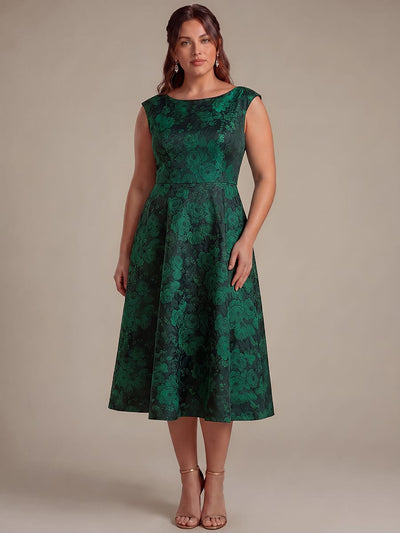 Plus Size Floral Print Jacquard A Line Round Neck Midi Dress