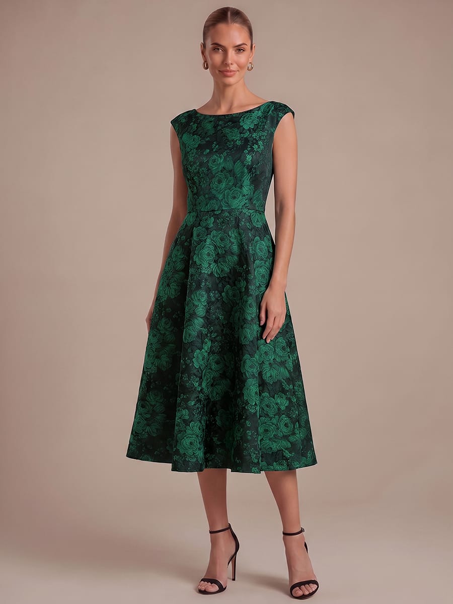 Printed Jacquard Cap Sleeve Dress #color_Dark Green