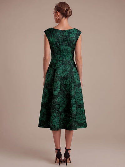 Printed Jacquard Cap Sleeve Dress #color_Dark Green/Black