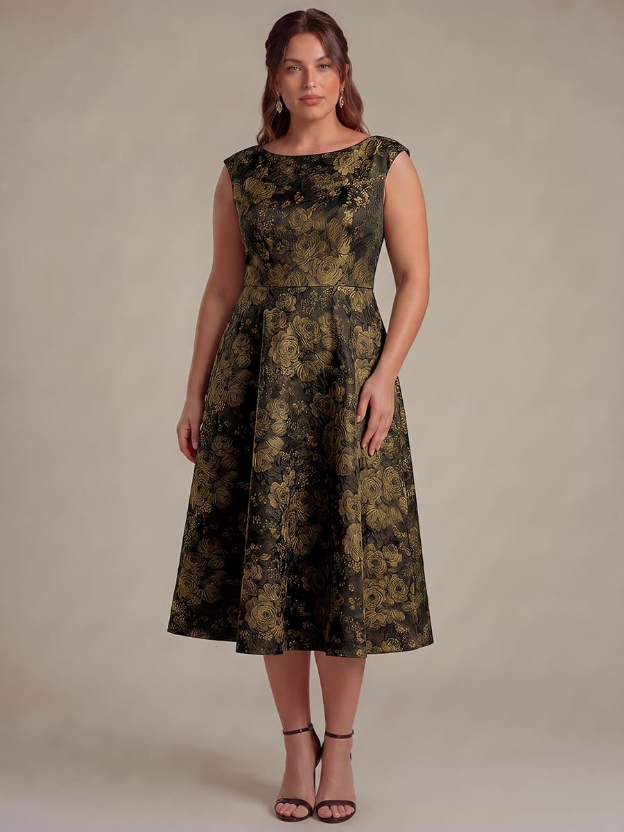 Printed Jacquard Cap Sleeve Dress #color_Black/Gold