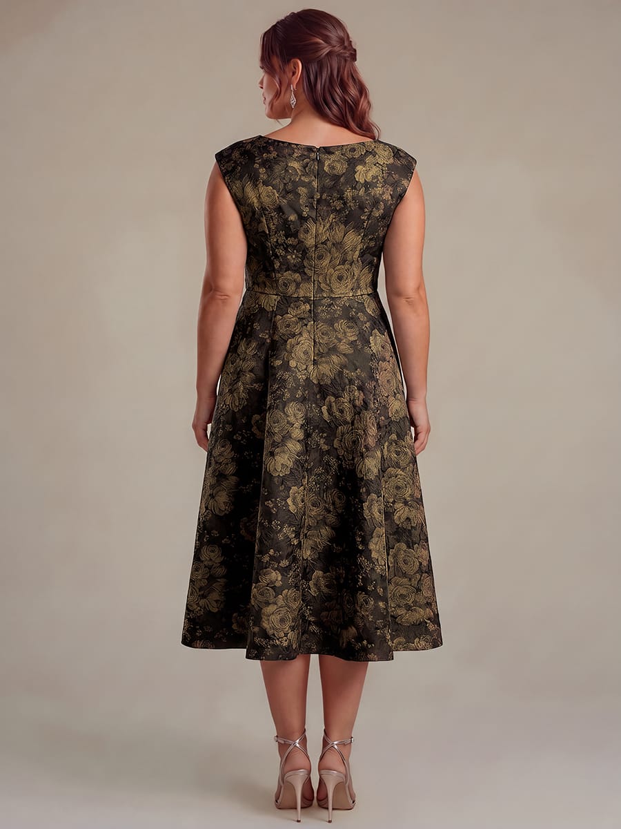 Printed Jacquard Cap Sleeve Dress #color_Black/Gold