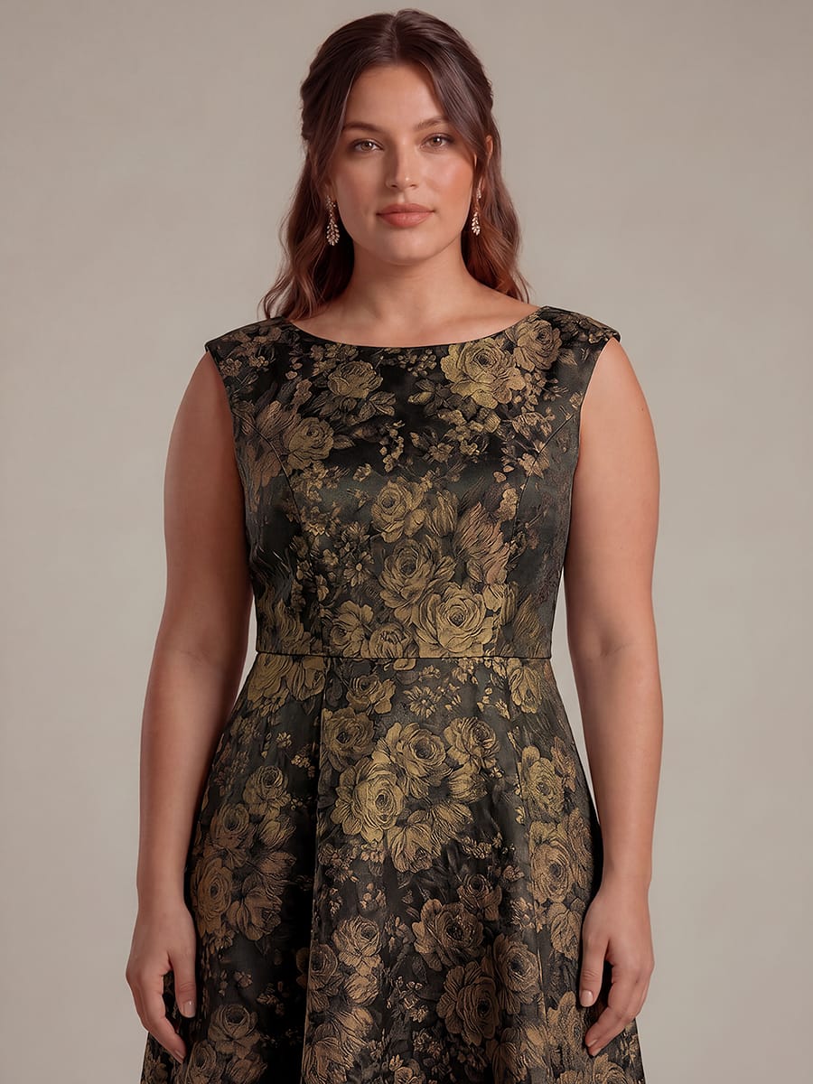 Printed Jacquard Cap Sleeve Dress #color_Black/Gold