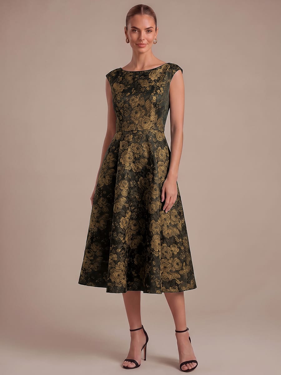 Printed Jacquard Cap Sleeve Dress #color_Black & Gold