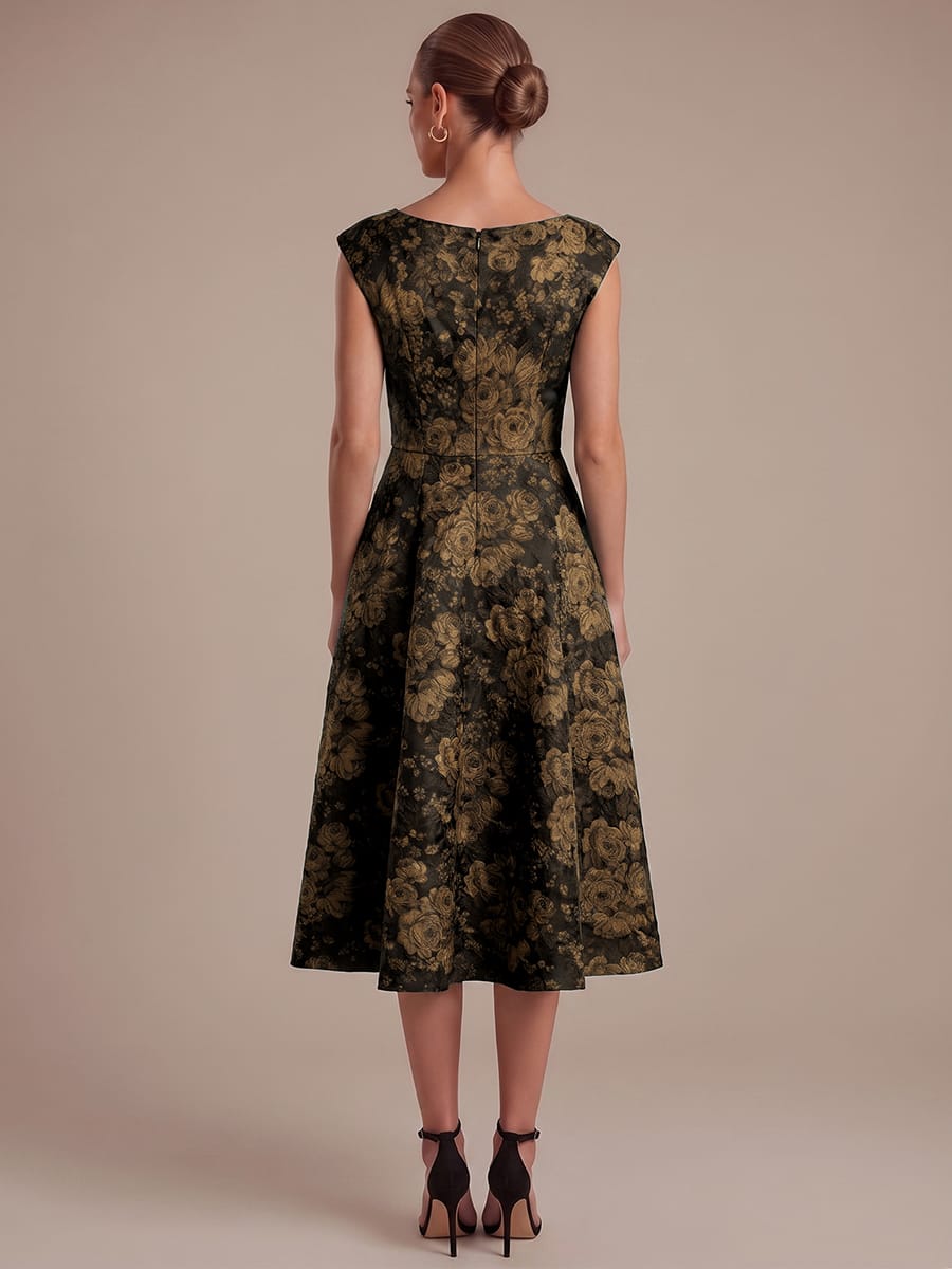 Printed Jacquard Cap Sleeve Dress #color_Black & Gold