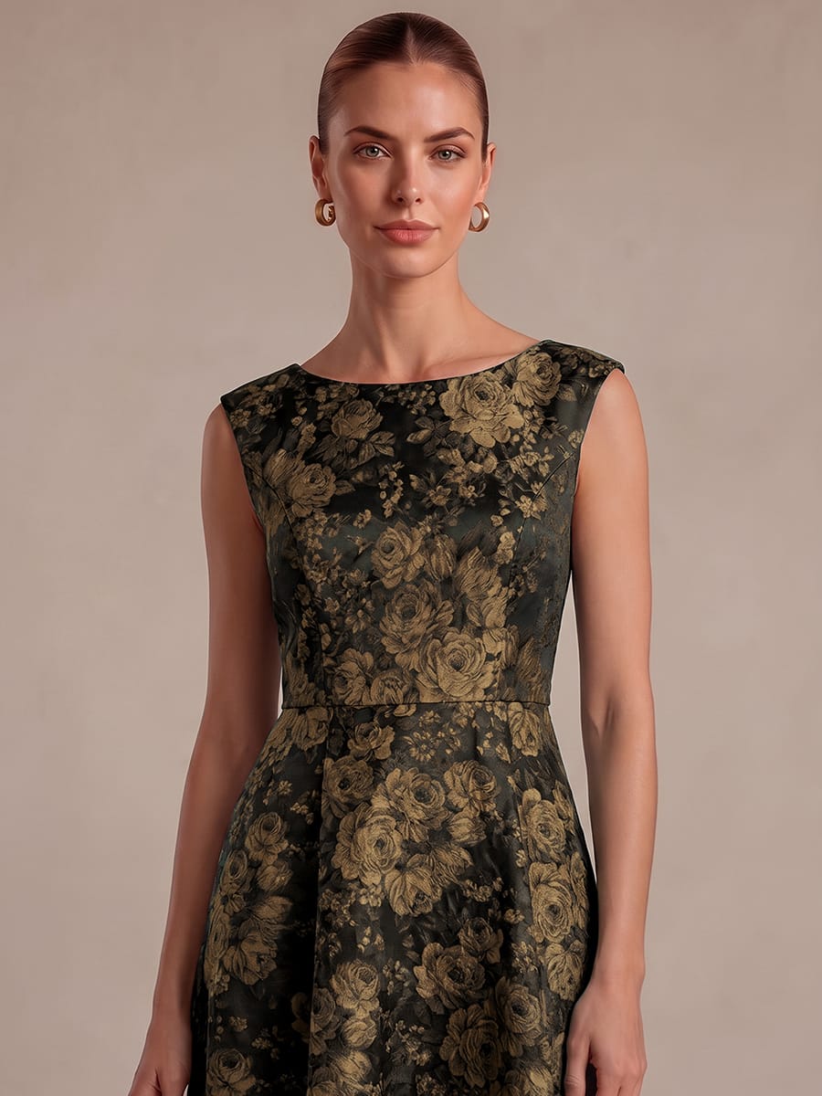Printed Jacquard Cap Sleeve Dress #color_Black & Gold