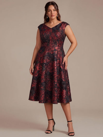 Plus Size Floral Jacquard A Line V Neck Midi Dress