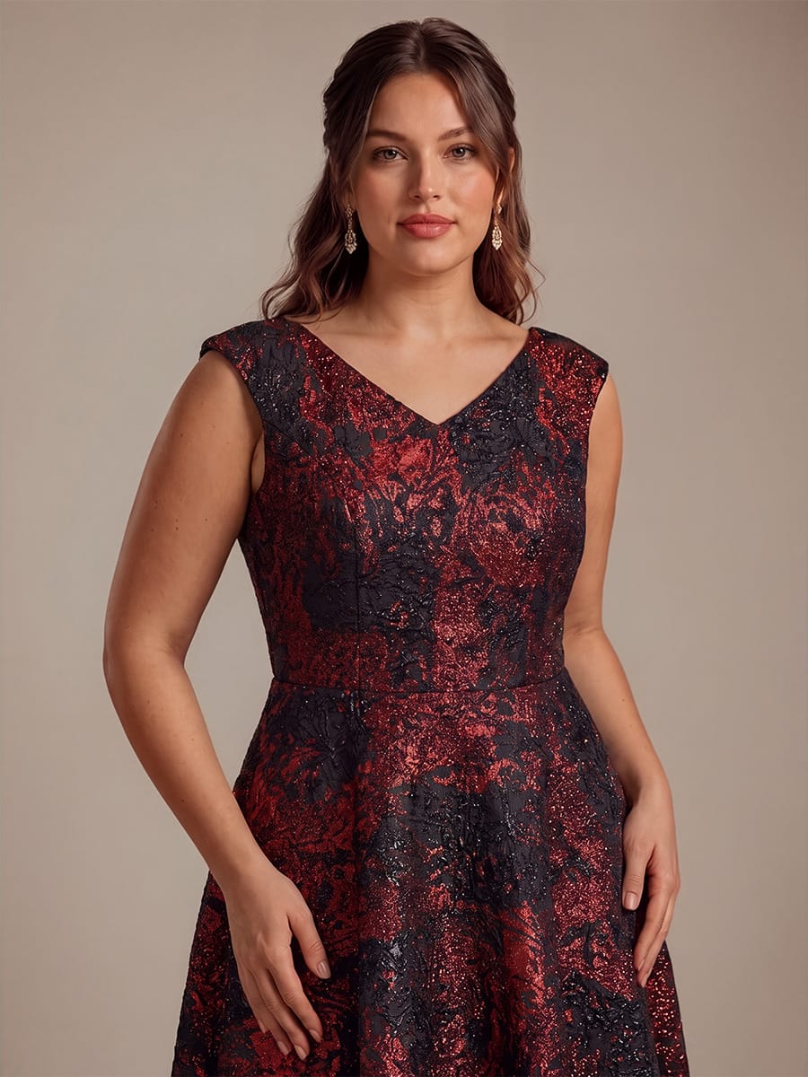 Jacquard Cap Sleeve A-line Dress #color_Burgundy/Black