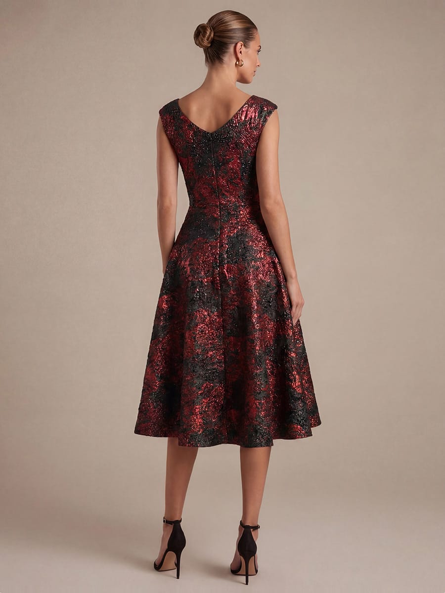 Jacquard Cap Sleeve A-line Dress #color_Burgundy