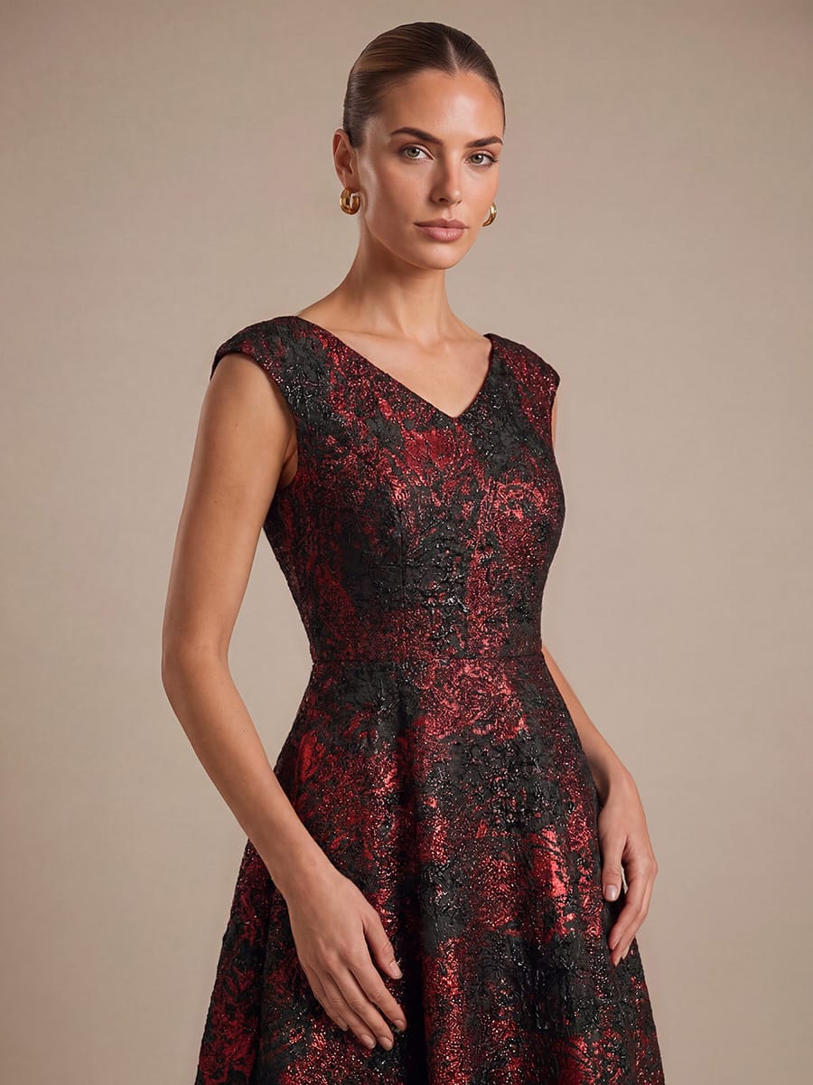 Jacquard Cap Sleeve A-line Dress #color_Burgundy