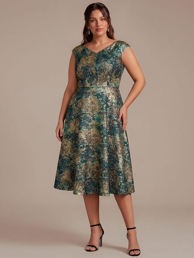 Plus Size Floral Jacquard A Line V Neck Midi Dress
