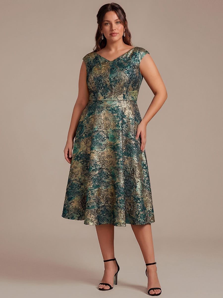 Jacquard Cap Sleeve A-line Dress #color_Dark Green/Gold