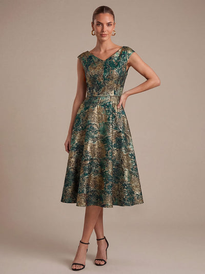 Floral Jacquard A Line V Neck Midi Dress