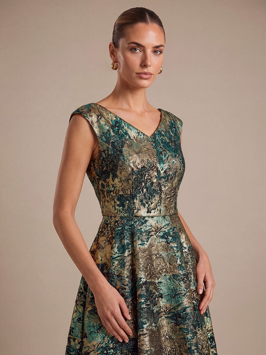 Jacquard Cap Sleeve A-line Dress #color_Dark Green