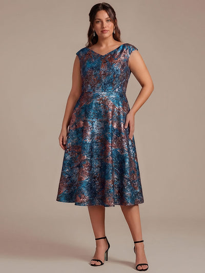 Plus Size Floral Jacquard A Line V Neck Midi Dress
