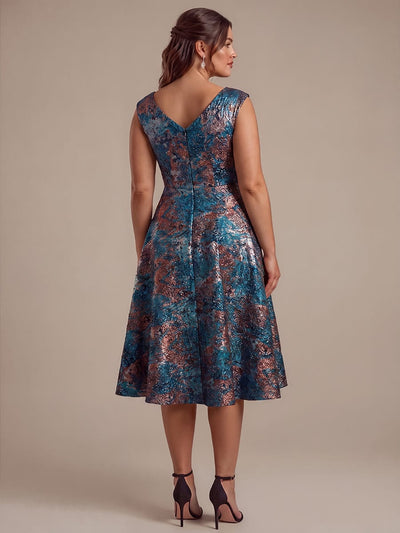 Jacquard Cap Sleeve A-line Dress #color_Royal Blue/Gold