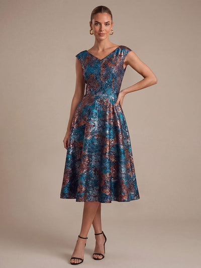 Jacquard Cap Sleeve A-line Dress