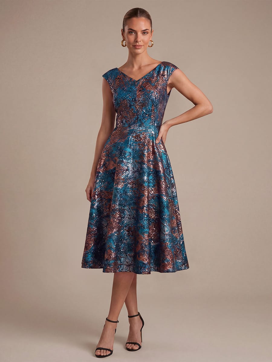 Jacquard Cap Sleeve A-line Dress #color_Sapphire Blue