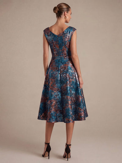 Jacquard Cap Sleeve A-line Dress #color_Royal Blue/Gold