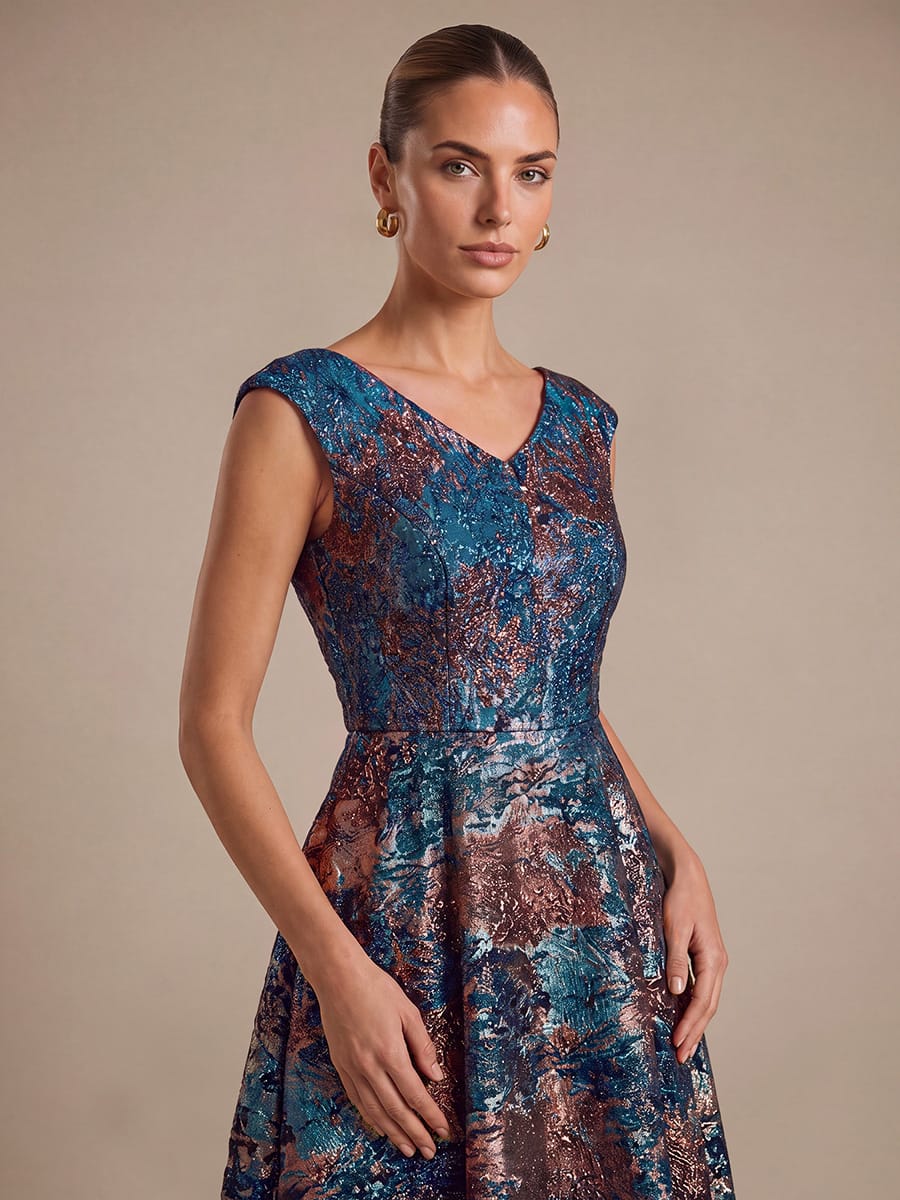 Jacquard Cap Sleeve A-line Dress #color_Sapphire Blue