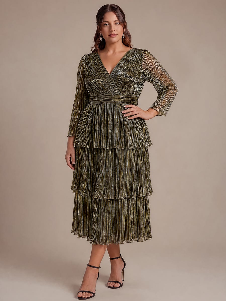 Tiered Tulle Tulle Fitted Sleeve Dress #color_Metallic Gold