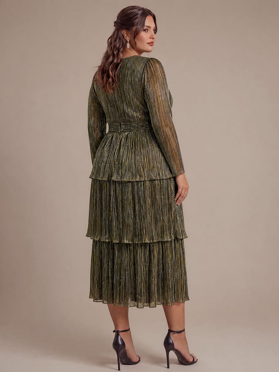 Tiered Tulle Tulle Fitted Sleeve Dress #color_Metallic Gold