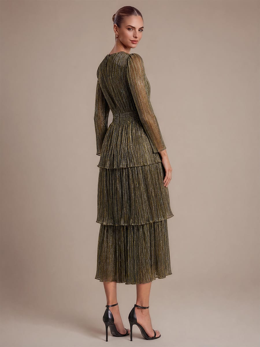 Tiered Tulle Tulle Fitted Sleeve Dress #color_Metallic Gold