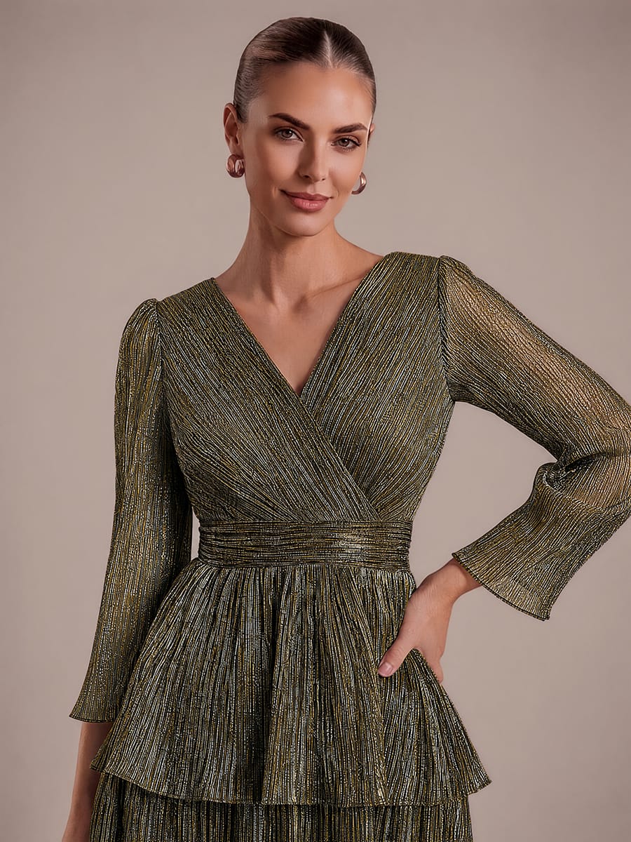 Tiered Tulle Tulle Fitted Sleeve Dress #color_Metallic Gold