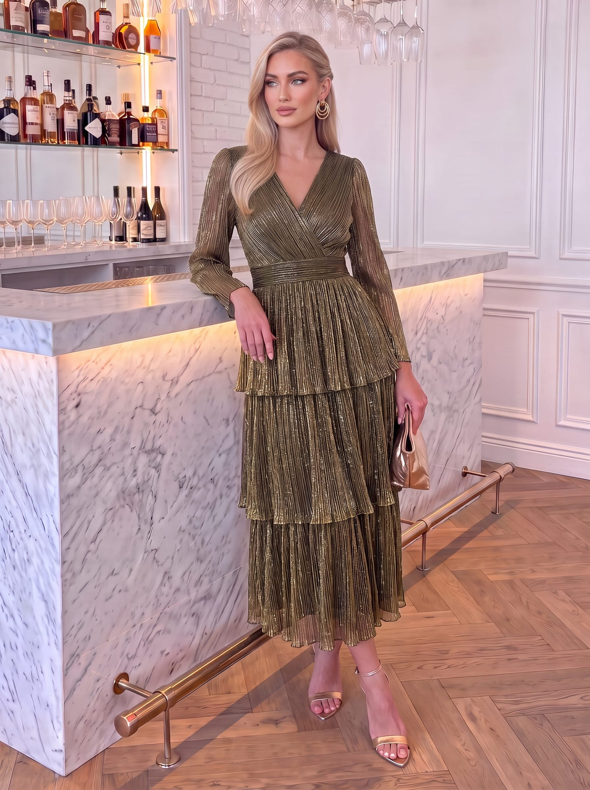 Tiered Tulle Tulle Fitted Sleeve Dress #color_Metallic Gold
