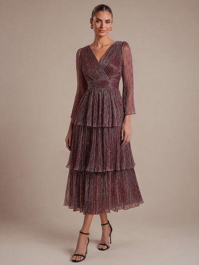 Tiered Tulle A Line Maxi Dress with V Neck Long Sleeve