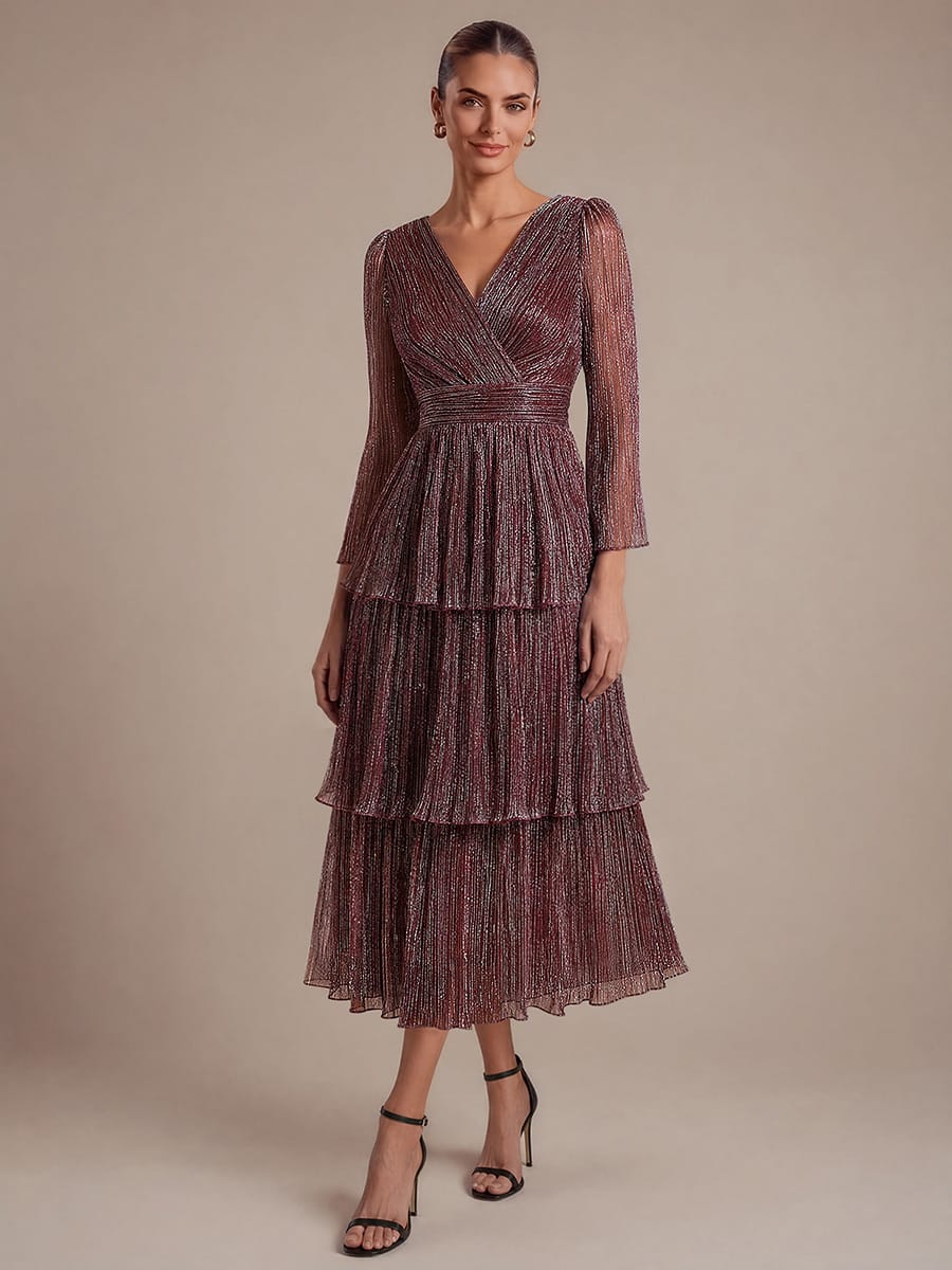 Tiered Tulle Tulle Fitted Sleeve Dress #color_Mahogany Brown
