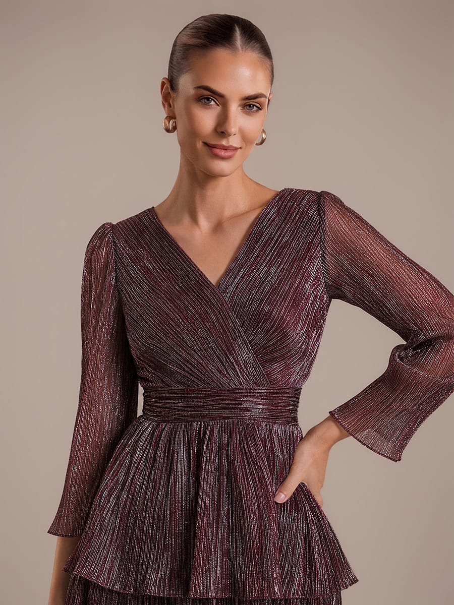 Tiered Tulle Tulle Fitted Sleeve Dress #color_Mahogany Brown