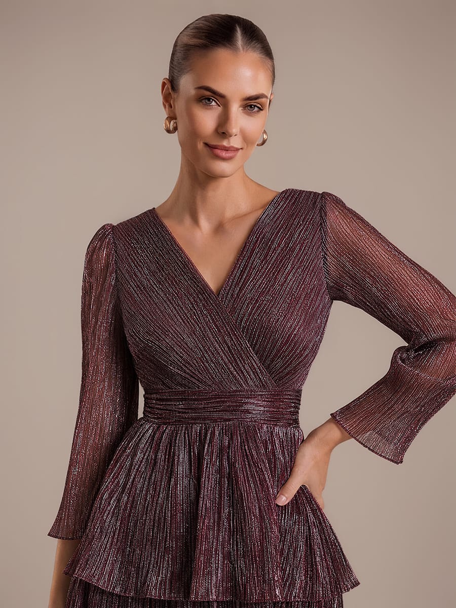Tiered Tulle Tulle Fitted Sleeve Dress #color_Mahogany Brown