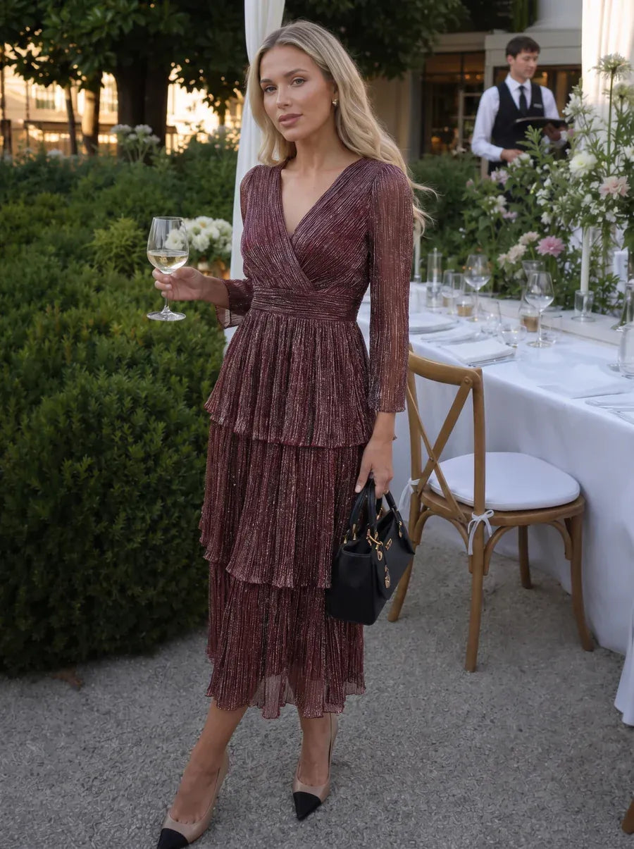 Tiered Tulle Tulle Fitted Sleeve Dress #color_Mahogany Brown