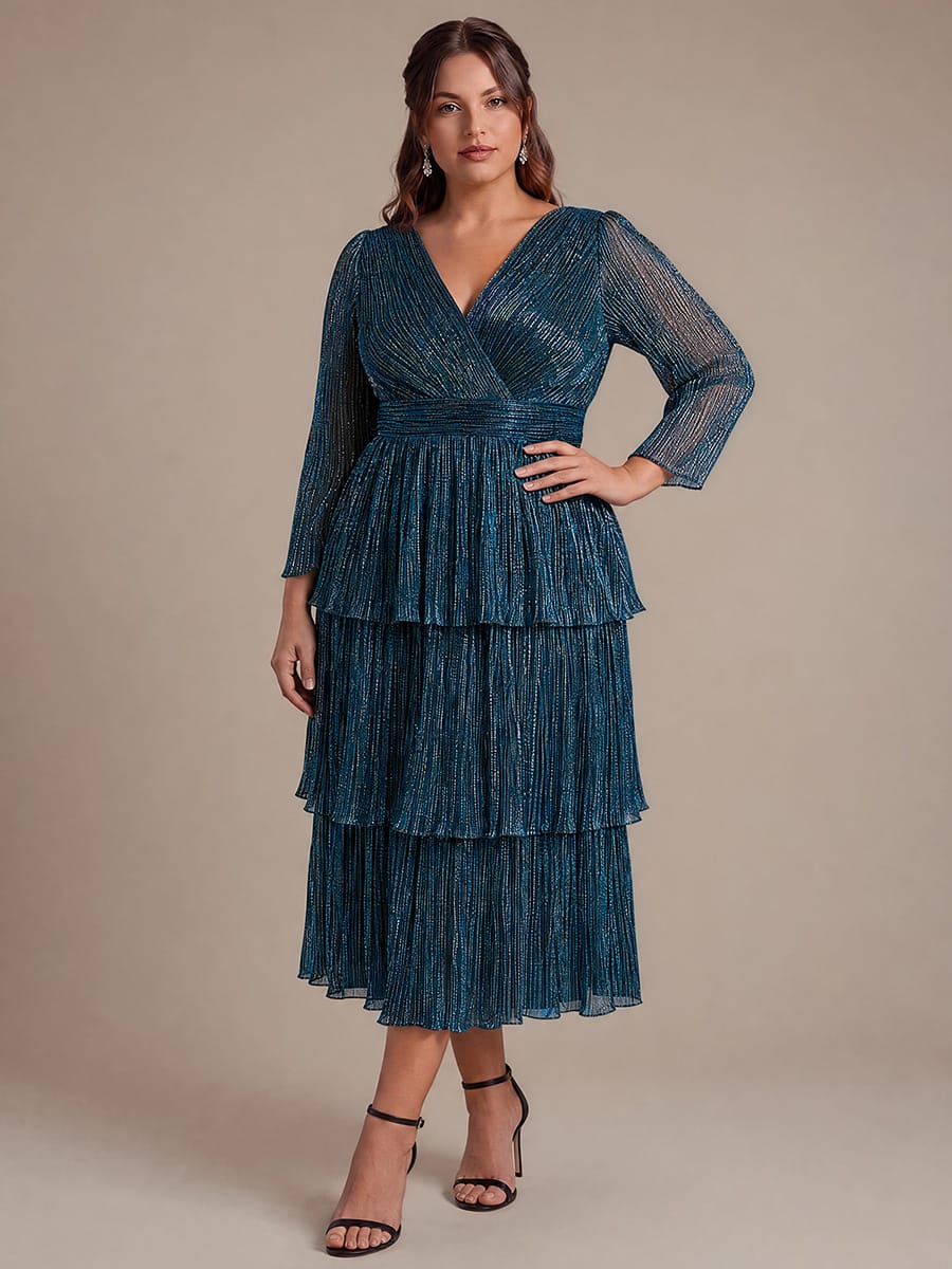 Tiered Tulle Tulle Fitted Sleeve Dress #color_Teal Blue