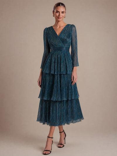 Tiered Tulle A Line Maxi Dress with V Neck Long Sleeve