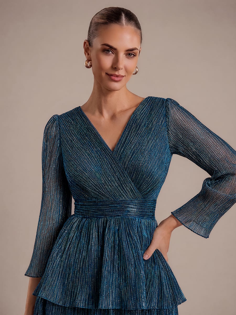 Tiered Tulle Tulle Fitted Sleeve Dress #color_Teal Blue