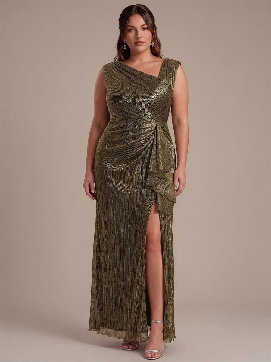 Slit Tulle Sleeveless Dress #color_Metallic Gold