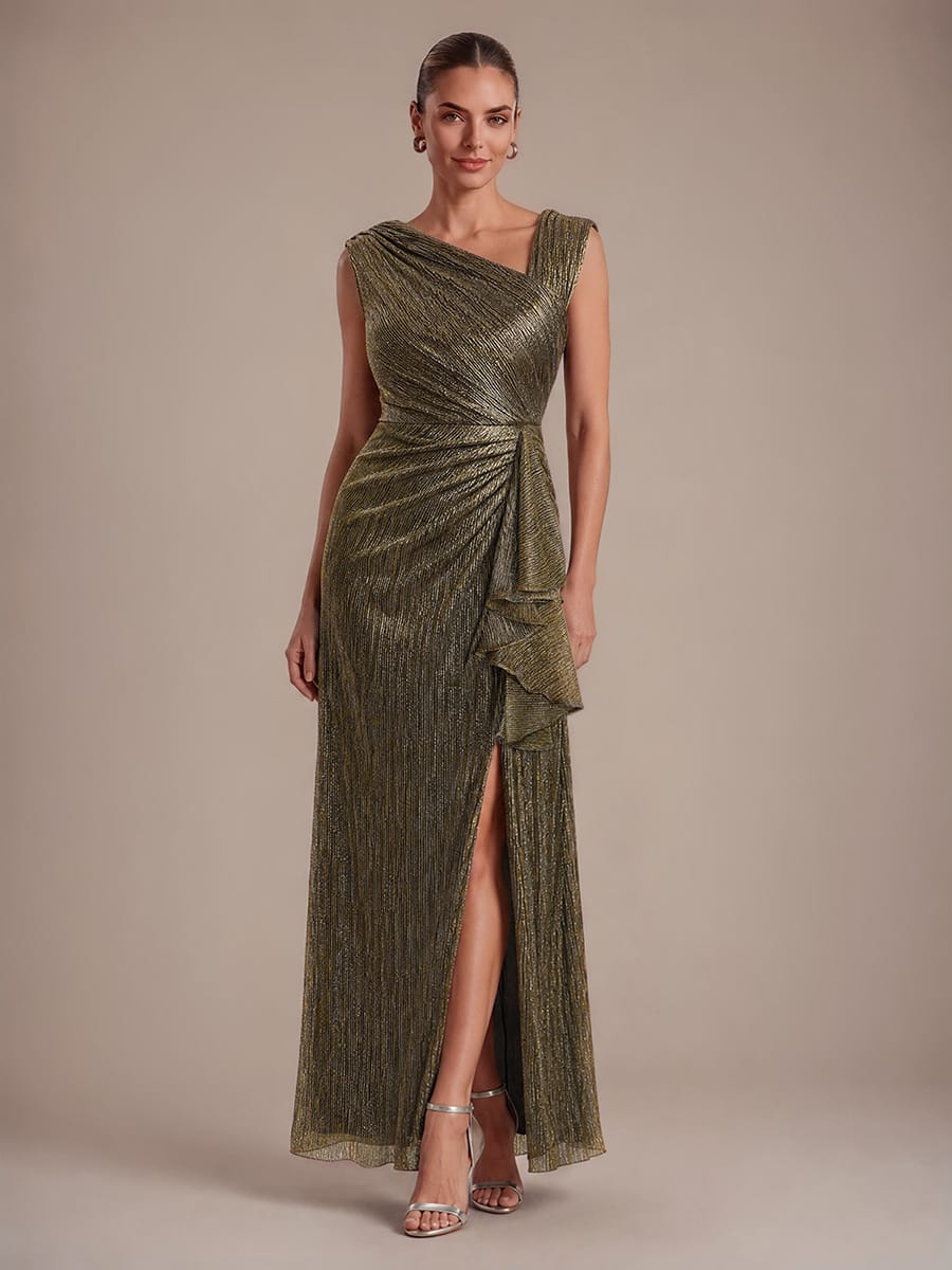 Slit Tulle Sleeveless Dress #color_Metallic Gold