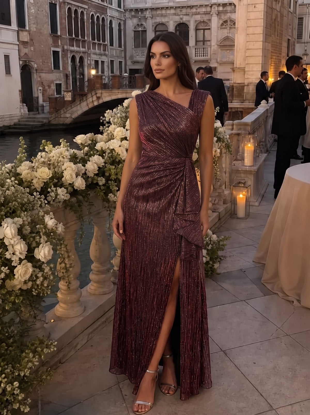 Slit Tulle Sleeveless Dress #color_Mahogany Brown