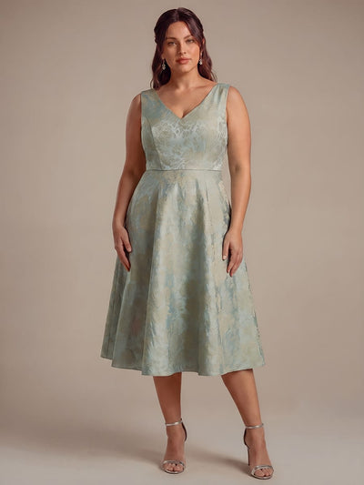 Plus Size Floral Print Jacquard A Line V Neck Midi Dress