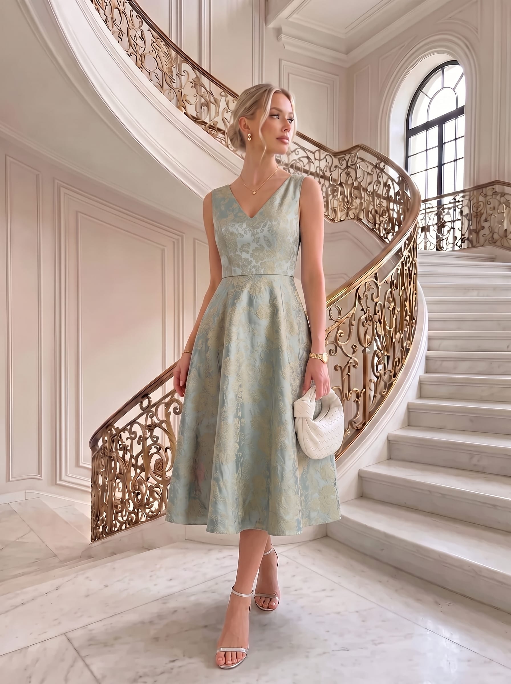 Printed Jacquard Cap Sleeve Dress #color_Sky Blue/Gold