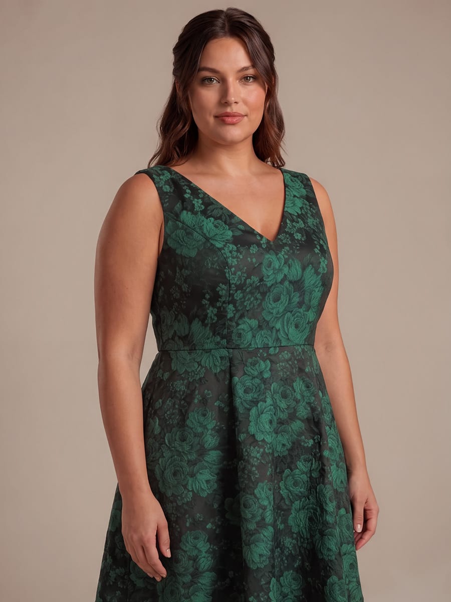 Printed Jacquard Cap Sleeve Dress #color_Dark Green/Black