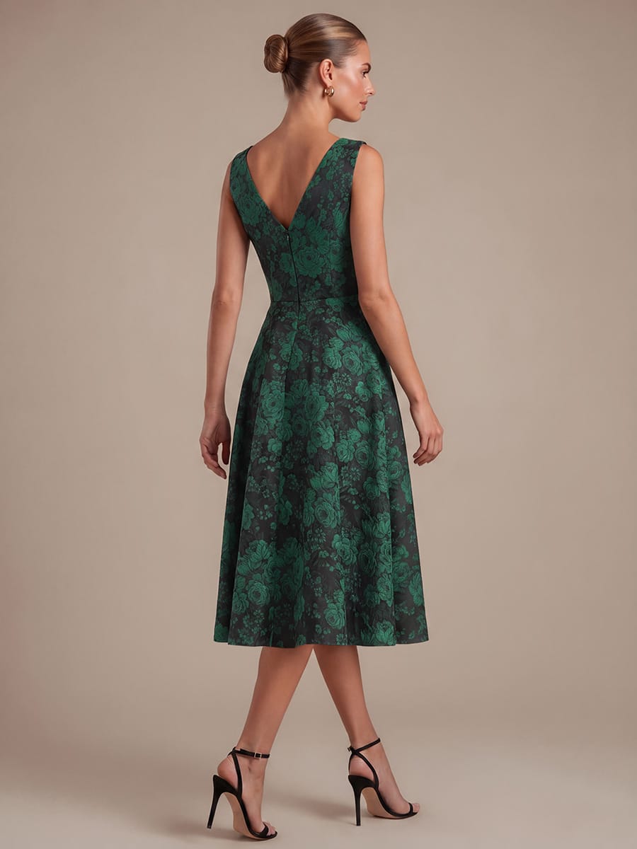 Printed Jacquard Cap Sleeve Dress #color_Dark Green